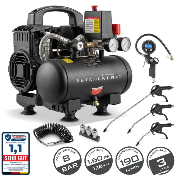 STAHLWERK Kompresor ST-38 Pro – kompletní výbava | 8 bar | 1,6 PS | 1,18 kW | 190 l/min | 3l nádrž | bezolejový | bezkartáčový motor | 5metrová hadice | hustilka pneumatik | 3násobný rozdělovač | Vyfukovací pistole