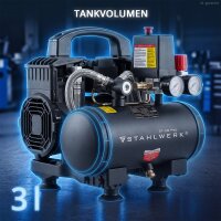 STAHLWERK Kompresor ST-38 Pro &ndash; kompletn&iacute; v&yacute;bava | 8 bar | 1,6 PS | 1,18 kW | 190 l/min | 3l n&aacute;drž | bezolejov&yacute; | bezkart&aacute;čov&yacute; motor | 5metrov&aacute; hadice | hustilka pneumatik | 3n&aacute;sobn&yacute; rozdělovač | Vyfukovac&iacute; pistole