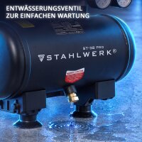 STAHLWERK Kompresor ST-38 Pro &ndash; kompletn&iacute; v&yacute;bava | 8 bar | 1,6 PS | 1,18 kW | 190 l/min | 3l n&aacute;drž | bezolejov&yacute; | bezkart&aacute;čov&yacute; motor | 5metrov&aacute; hadice | hustilka pneumatik | 3n&aacute;sobn&yacute; rozdělovač | Vyfukovac&iacute; pistole