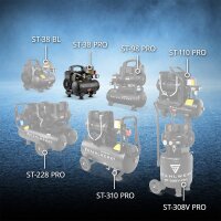 STAHLWERK Compressore ST-38 PRO completamente equipaggiato | 8 bar | 1,6 CV | 1,18 kW | 190 l/min | serbatoio da 3 L | senza olio | motore brushless | tubo da 5 metri | gonfiatore di pneumatici | distributore a 3 vie | pistola di soffiaggio