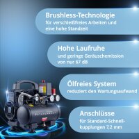 STAHLWERK Kompressor ST-38 PRO Vollausstattung | 8 bar | 1,6 PS | 1,18 kW | 190 l/min | 3 L Tank | &Ouml;lfrei | Brushless-Motor | 5 Meter Schlauch | Reifenf&uuml;ller | 3-fach Verteiler | Ausblaspistole