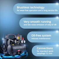 STAHLWERK ST-38 PRO fully equipped compressor | 8 bar | 1.6 hp | 1.18 kW | 190 l/min | 3 L tank | oil-free | brushless motor | 5 meter hose | tire inflator | 3-way distributor | blow-out gun