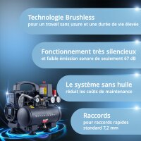 STAHLWERK Compresseur ST-38 PRO &eacute;quipement complet | 8 bar | 1,6 CV | 1,18 kW | 190 l/min | R&eacute;servoir 3 L | Sans huile | Moteur Brushless | 5 m&egrave;tres de tuyau | Gonfleur de pneus | Distributeur 3 voies | Pistolet de soufflage