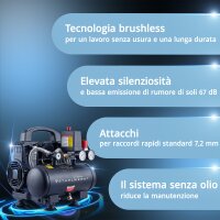 STAHLWERK Compressore ST-38 PRO completamente equipaggiato | 8 bar | 1,6 CV | 1,18 kW | 190 l/min | serbatoio da 3 L | senza olio | motore brushless | tubo da 5 metri | gonfiatore di pneumatici | distributore a 3 vie | pistola di soffiaggio