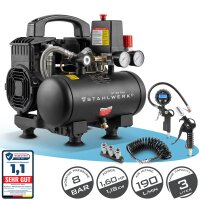 STAHLWERK ST-38 PRO fully equipped compressor | 8 bar | 1.6 hp | 1.18 kW | 190 l/min | 3 L tank | oil-free | brushless motor | 5 meter hose | tire inflator | 3-way distributor | blow-out gun
