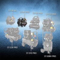 STAHLWERK Compresseur ST-38 PRO &eacute;quipement complet | 8 bar | 1,6 CV | 1,18 kW | 190 l/min | R&eacute;servoir 3 L | Sans huile | Moteur Brushless | 5 m&egrave;tres de tuyau | Gonfleur de pneus | Distributeur 3 voies | Pistolet de soufflage