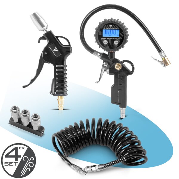STAHLWERK Set aria compressa 4 pezzi | Set di accessori per compressori | Pistola di sfiato con ugello Venturi | Gonfiagomme con manometro digitale | Tubo a spirale da 5 metri | Distributore per aria compressa a 3 vie, diametro 7,2 mm (1/4")