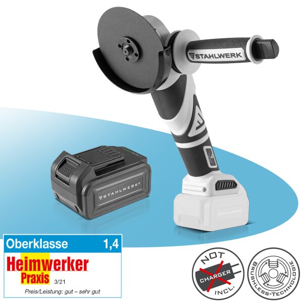 STAHLWERK børsteløs batterivinkelsliber AWS-20 ST | 0 - 7500 o/min | Inklusive 4 Ah batteri | 20 volt system | Kapsliber | Sidesliber | Skivestørrelser 115 mm / 125 mm | Uden oplader