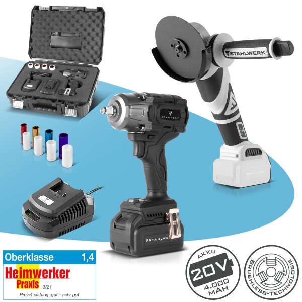 STAHLWERK Akku-Werkzeug-Set | Akku-Drehschlagschrauber 20 V 880 Nm | Brushless-Tools | Akku-Winkelschleifer 0-7.500 U/min | Leistungsstarkes 20-V-Werkzeug für Metallbearbeitung, KFZ, Montage und DIY