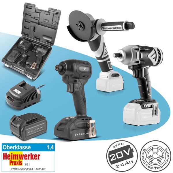 STAHLWERK Juego de herramientas sin cable de 3 piezas | Amoladora angular sin escobillas 7.500 rpm | Llave de impacto giratoria 500 Nm | Llave de impacto compacta 190 Nm | Batería 2Ah/4Ah | Cargador | Montaje, metalurgia, bricolaje
