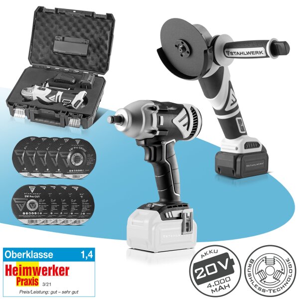 STAHLWERK Akku-Werkzeug-Set | Akku-Winkelschleifer 0-7.500 U/min | Akku-Drehschlagschrauber 20 V 500 Nm | Brushless-Tools | Leistungsstarkes 20-V-Akku-Werkzeug für Metallbearbeitung, Montage und DIY