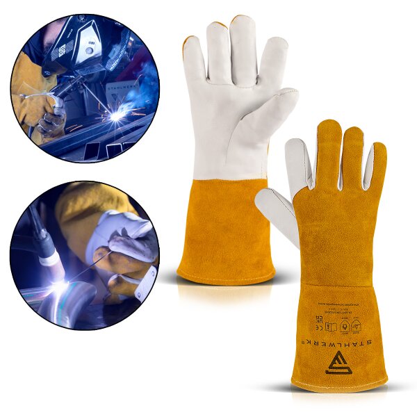Rękawice spawalnicze STAHLWERK wykonane z prawdziwej skóry / odzież ochronna / odporne na ciepło i ogień / odporne na przecięcie / odporne na rozdarcie