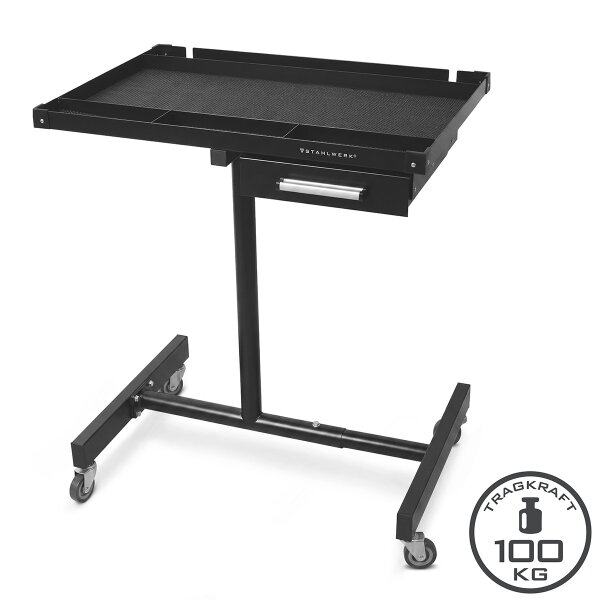 STAHLWERK Kfz-Wartungs- und Montagewagen mit Schublade | Höhenverstellbarer Arbeitstisch | 87,3 – 125 cm | 100 kg Tragkraft | Mobile Werkbank | Ideal für Garage, Werkstatt, Autoreparatur und DIY