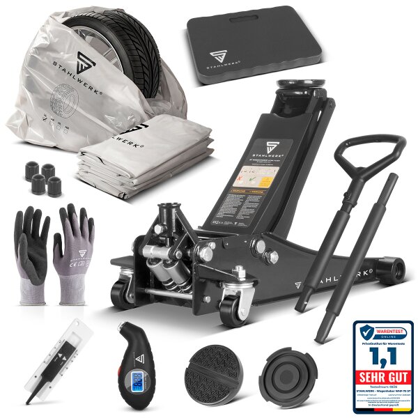 STAHLWERK Tire Change Kit | WHB-73 ST 3 t Shunting Jack | Lifting Range 73–500 mm | Tire Pressure Gauge (LED) | Tread Depth Gauge | Knee Pad | Valve Caps | Gloves | Tire Protection Covers