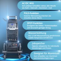 STAHLWERK Schweißgerät AC/DC WIG 315 Puls Pro – wassergekühltes 315 A Industrieschweißgerät mit 1,6 kW Wasserkühlung, AC/DC Puls, MMA/E-Hand, Spot, HF- und Lift-TIG-Zündung, digitales Display, 400 V
