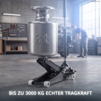 STAHLWERK Wagenheber WHB-73 ST | 3 t Tragkraft | Doppelhubkolben | 73-500 mm Hubhöhe | Extra flacher Rangierwagenheber | Hydraulik-Wagenheber | Schwarzer Autoheber | Weisse Silent-Rollen | 2 Gummipads