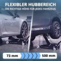 STAHLWERK Wagenheber WHB-73 ST | 3 t Tragkraft | Doppelhubkolben | 73-500 mm Hubhöhe | Extra flacher Rangierwagenheber | Hydraulik-Wagenheber | Schwarzer Autoheber | Weisse Silent-Rollen | 2 Gummipads