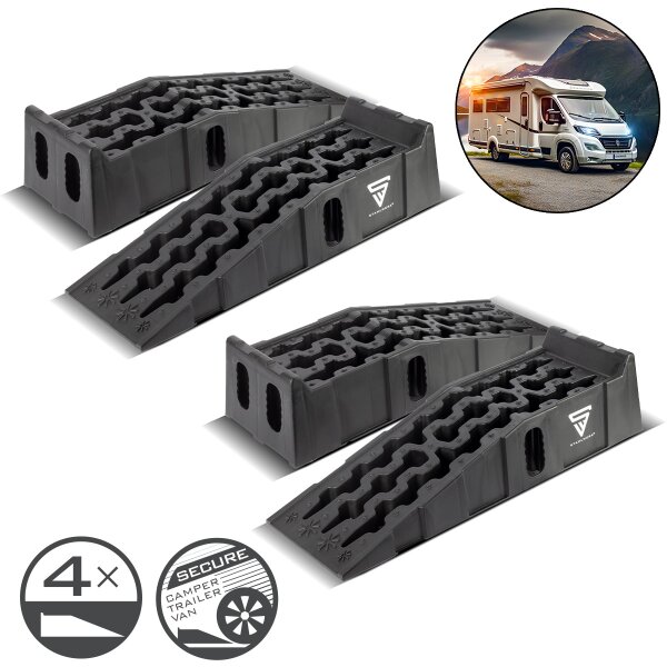 STAHLWERK Stufenkeil GT-15 ST 4er Set mit 6 t Tragkraft 905 x 330 x 215 mm Auffahrkeil | Unterlegkeil | Auffahrrampe | Auffahrbock | Ausgleichkeil für Wohnmobil, Caravan, Wohnwagen oder Anhänger