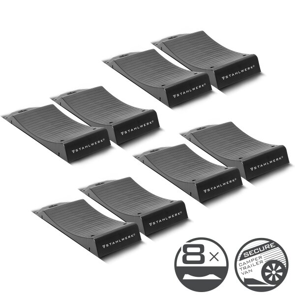 STAHLWERK Reifenschoner Standplatten GT-18 ST 8er Set mit 2,7 t Tragkraft Reifenwiege | Reifenschuhe | Hemmschuh | Unterlegkeil für Pkw, Reisemobil, Campingmobil, Wohnmobil, Caravan oder Wohnwagen