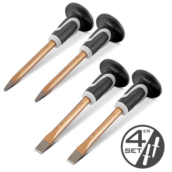 STAHLWERK Flachmeißel | Spitzmeißel 4er Set Gold 300 mm Handmeißel aus gehärtetem Stahl zum professionellen Meißeln von Metall, Stein, Holz, Beton, Fliesen und Kunststoffen