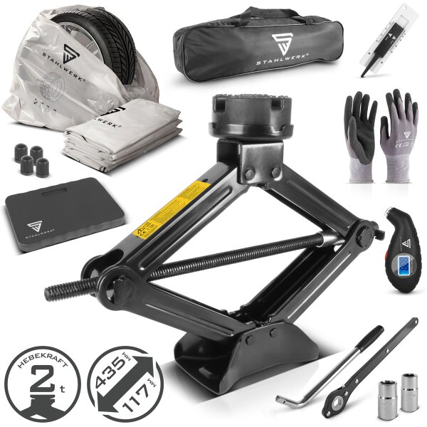 STAHLWERK Reifenwechsel-Set | Scherenwagenheber SWH-2 ST 2 t 117–435 mm | Teleskop-Radmutterschlüssel | Reifendruckmesser LED | Profil-Tiefenmesser | Kniekissen | Handschuhe | Reifenschutzhüllen