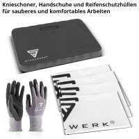 STAHLWERK Reifenwechsel-Set | Scherenwagenheber SWH-2 ST 2 t 117–435 mm | Teleskop-Radmutterschlüssel | Reifendruckmesser LED | Profil-Tiefenmesser | Kniekissen | Handschuhe | Reifenschutzhüllen