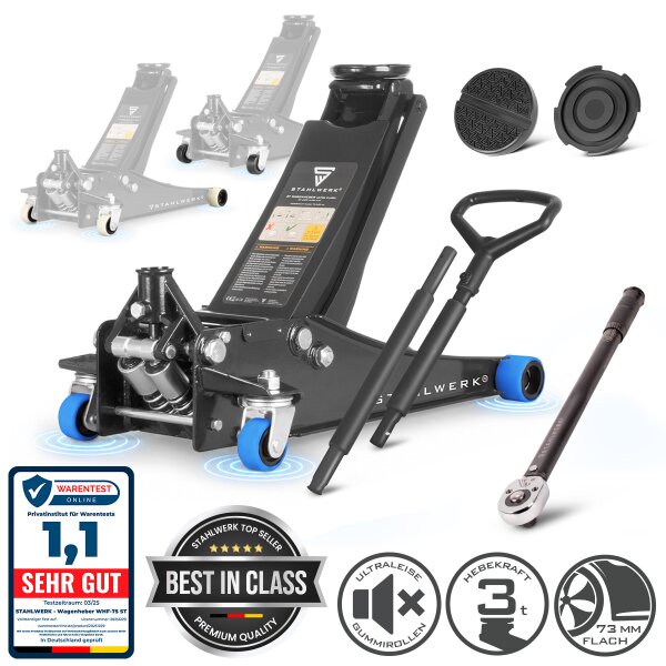 STAHLWERK Tire Change Kit with WHB-73 ST BR Jack, 3 t Load Capacity | Blue Rubber-Coated Long-Life Silent Casters | Double-Piston Design and 73–500 mm Stroke | TW-210 ST with 28–210 Nm