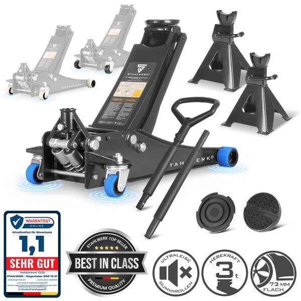 STAHLWERK WHB-73 ST Car Jack | 3 t Lifting Capacity | Double-Piston | 73-500 mm Lift Height | Extra-Low-Profile Vehicle Jack | Hydraulic Jack | Blue Silent Casters | 2 Rubber Pads | 2 Support Stands