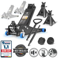 STAHLWERK WHB-73 ST Car Jack | 3 t Lifting Capacity | Double-Piston | 73-500 mm Lift Height | Extra-Low-Profile Vehicle Jack | Hydraulic Jack | Blue Silent Casters | 2 Rubber Pads | 2 Support Stands