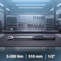 STAHLWERK Digitaler Drehmomentschlüssel 3-200 Nm 1/2“-Aufnahme | 72 Zähne | 510 mm | mit Eichzertifikat| Umschaltknarre | Ratschenschlüssel | Ratsche | LED-Anzeige und Transportbox