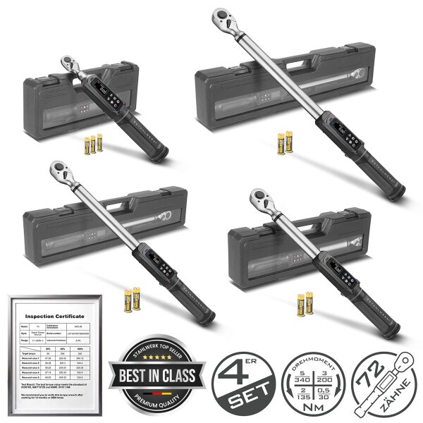 STAHLWERK Digitales Drehmomentschlüssel-Set | 0,5-30, 2-135, 3-200 und 5-340 Nm | 1/4-, 3/8- und 1/2-Zoll-Aufnahmen |Umschaltknarre | Ratsche | 72 Zähne | LED-Anzeige mit Transportboxen