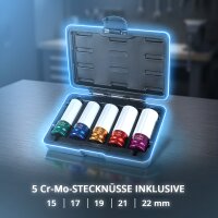 STAHLWERK Reifenwechsel-Set | Digitaler Drehmomentschlüssel 3-200 Nm | 5 CrMo-Schonnüsse 15-22 mm | Reifendruck- und Profiltiefenmesser | Reifenschutzhüllen | Kniekissen | Ventilkappen