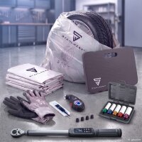 STAHLWERK Reifenwechsel-Set | Digitaler Drehmomentschlüssel 3-200 Nm | 5 CrMo-Schonnüsse 15-22 mm | Reifendruck- und Profiltiefenmesser | Reifenschutzhüllen | Kniekissen | Ventilkappen