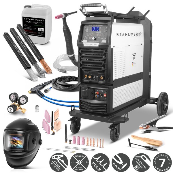 STAHLWERK Schweißgerät AC/DC WIG 315 Puls Pro Vollausstattung – wassergekühltes 315 A Industrieschweißgerät mit 1,6 kW Wasserkühlung, AC/DC Puls, MMA/E-Hand, Spot, HF- und Lift-TIG-Zündung, digitales Display, 400 V