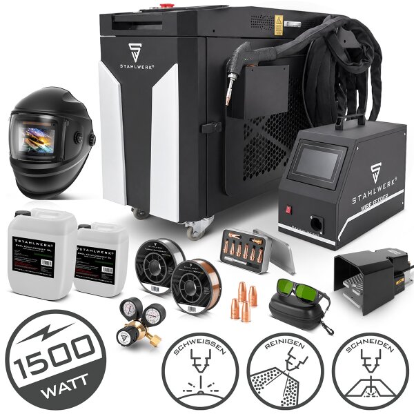 STAHLWERK Laser-Schweißgerät WCD 1500 Laser Pro Vollausstattung mit 1500 W | 3-in-1-Laser-Schweißanlage zum Schweißen, Schneiden und Reinigen | Handgeführtes Schweißsystem mit CW-Faserlaser | Laserklasse 4 | 230 V