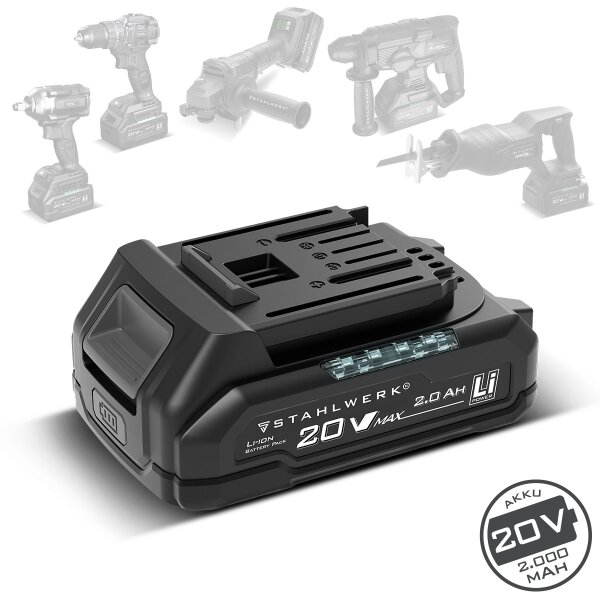 STAHLWERK-batteri WHB-2020 med 20 V, 2 Ah og 40 Wh | Li-ion-batteri med indbygget 4-LED-ladestandsindikator, testknap, reservebatteri
