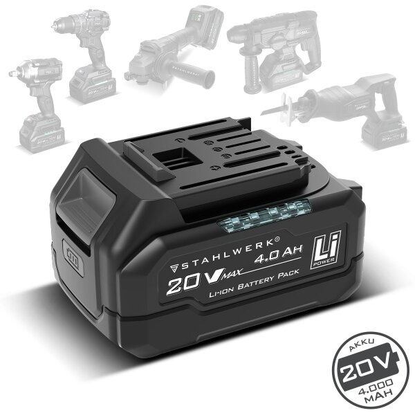 STAHLWERK-batteri WHB-2040 med 20 V, 4 Ah og 80 Wh | Li-ion-batteri med indbygget 4-LED-ladestandsindikator, testknap, ekstra batteri