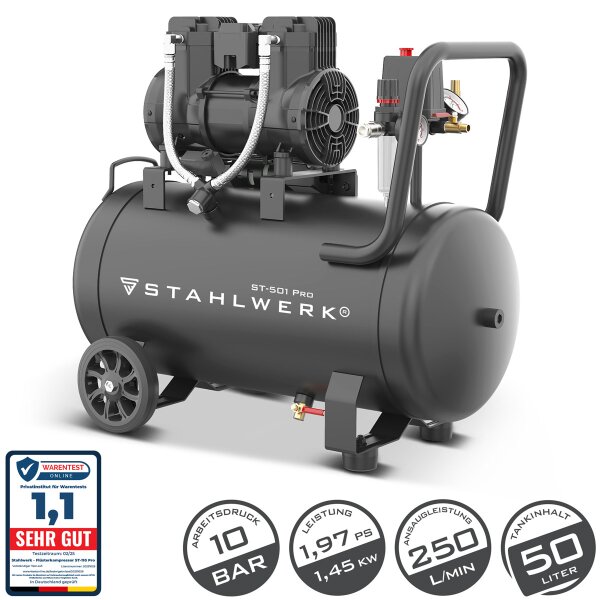 STAHLWERK Sprężarka ST-501 Pro o ciśnieniu 10 bar | 1,97 PS | 1,45 kW | 250 l/min | zbiornik 50 L | bezolejowa sprężarka powietrza | sprężarka tłokowa | cicha sprężarka | sprężarka typu „whisper” z silnikiem bezszczotkowym