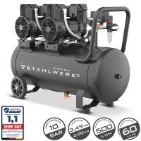 STAHLWERK Kompressor ST-610 Pro mit 10 bar | 3,94 PS | 2,9 kW | 500 l/min | 60 L Tank | Ölfreier Druckluft-Kompressor | Kolben-Kompressor | Silent-Kompressor | Flüster-Kompressor mit Brushless-Motor | 230 Volt