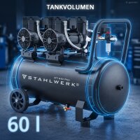 STAHLWERK Kompressor ST-610 Pro mit 10 bar | 3,94 PS | 2,9 kW | 500 l/min | 60 L Tank | Ölfreier Druckluft-Kompressor | Kolben-Kompressor | Silent-Kompressor | Flüster-Kompressor mit Brushless-Motor | 230 Volt