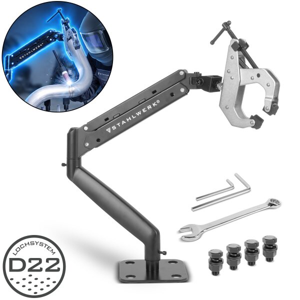 STAHLWERK FlexArm-Schweißspannvorrichtung D22 Base | Dritte Hand, Greifarm, Schwenkarm | Schweißtische 22mm Lochsystem | 13,6kg Tragkraft | Teilabstützung | Reichweite 203-635mm | Schweißtisch-Zubehör