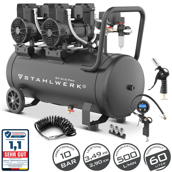 STAHLWERK ST-610 Pro Compressor, Fully Equipped | 10 bar | 3.94 PS | 2.9 kW | 500 l/min | 60-liter tank | Oil-free | Brushless motor | 5-meter hose | Tire inflator | 3-way manifold | Air gun