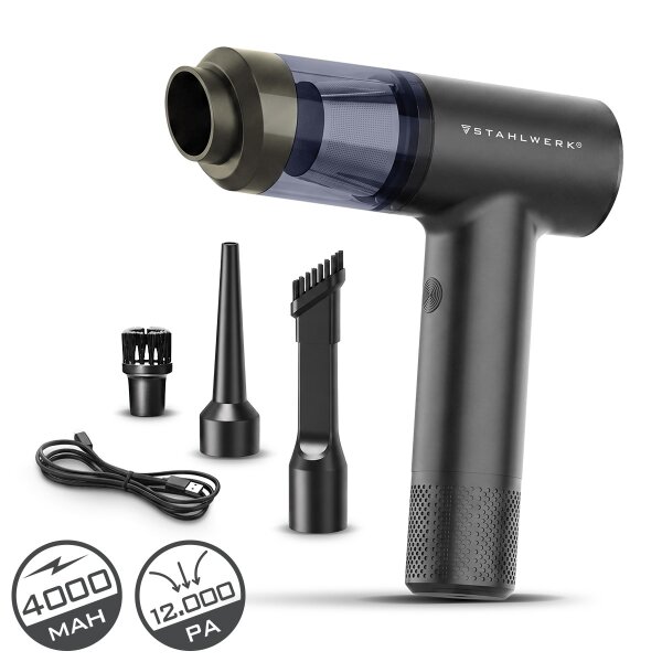STAHLWERK batteridrevet bilstøvsuger WVC-704 ST | To sugeindstillinger med op til 12.000 Pa og 80 W | HEPA-filter | Udblæsningsfunktion, 0,1 l støvbeholder og USB Type-C-port | Trådløs | 4 sugedyser