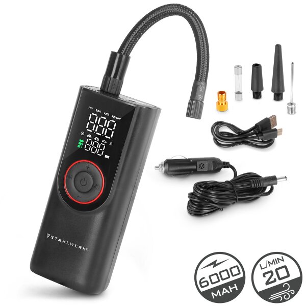STAHLWERK batteridrevet dækkompressor ELP-19 ST | Trådløs minikompressor | 10,3 bar (150 psi) | 6.000 mAh batteri | LED-display | Bærbar dækpumpe | Powerbank med nødlys til bil, motorcykel og fritid