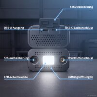STAHLWERK Elektrisk luftpumpe og powerbank ELP-17 ST | 60 W | 4.000 mAh | 10,3 bar (150 psi) | LED | USB-C-opladningsindgang | USB-A-powerbank-udgang | Oppumpningsfunktioner til cykel, motorcykel, bil og bold