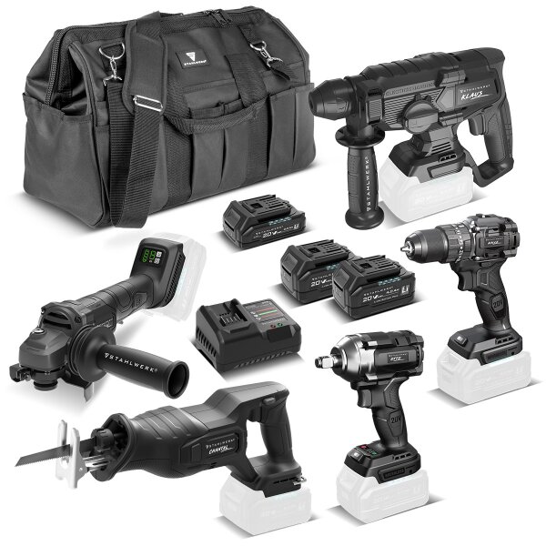 STAHLWERK 20 V Akku-Werkzeug-Set | 5 Brushless-Geräte | 2 x 4 Ah und 1 x 2 Ah Akku | Ladegerät | Werkzeugtasche | Zubehör und Maschinenkoffer | für Werkstatt, Montage und KFZ