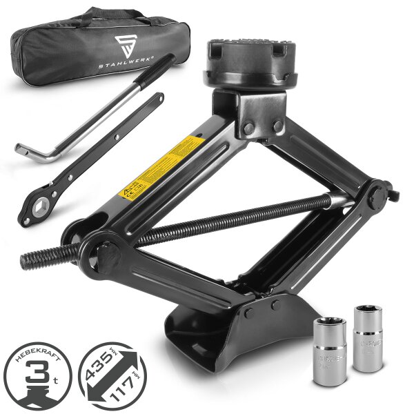 STAHLWERK SWH-3 ST Wagenheber | Scherenwagenheber | 117 bis 345 mm | 3 Tonnen Hub | Teleskop-Radmutterschlüssel | Doppelkopf-Stecknüsse (17/19 mm, 21/23 mm) | Tasche | Wagenheber-Set für Reifenwechsel