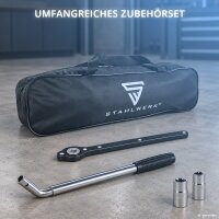 STAHLWERK SWH-3 ST Wagenheber | Scherenwagenheber | 117 bis 345 mm | 3 Tonnen Hub | Teleskop-Radmutterschlüssel | Doppelkopf-Stecknüsse (17/19 mm, 21/23 mm) | Tasche | Wagenheber-Set für Reifenwechsel