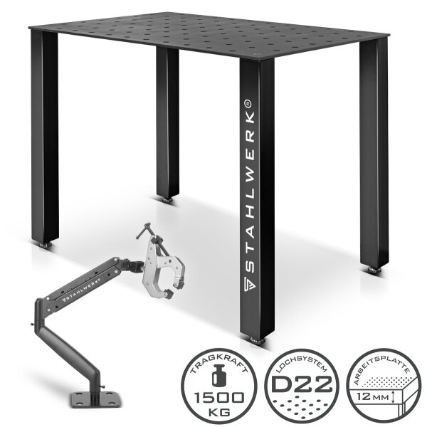 STAHLWERK Schweißtisch Set 120 x 80 cm | D22 Lochsystem | DIY-Bausatz mit 12 mm S355-Arbeitsplatte und 1,5 t Tragkraft | FlexArm-Schweißspannvorrichtung D22 Base mit 13,6 kg Tragfähigkeit