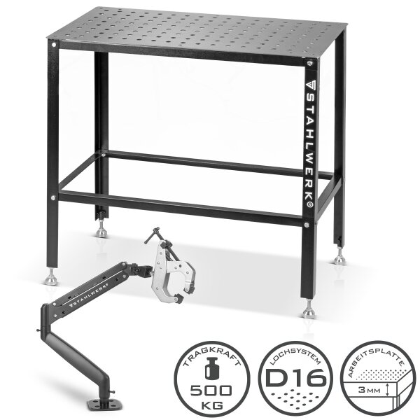 Set tavolo da saldatura STAHLWERK 91,5 x 46 x 90 cm | Sistema forato D16 | Kit fai da te con piano di lavoro da 3 mm | Capacità di carico di 500 kg | Dispositivo di serraggio per saldatura FlexArm D16 Base con capacità di carico di 13,6 kg